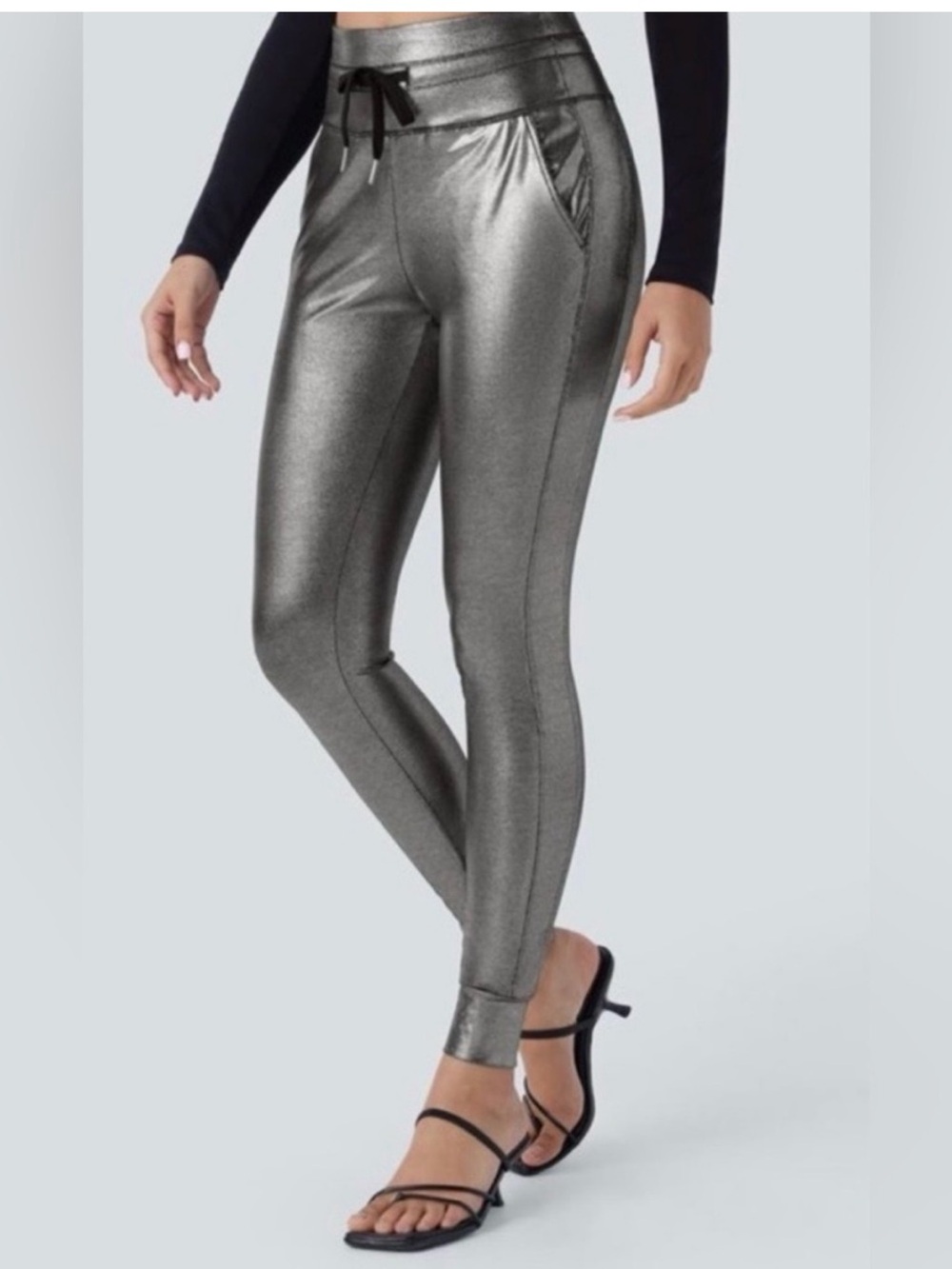 Halara SoftlyZero High Waist Drawstring Metallic Silver Foil Joggers